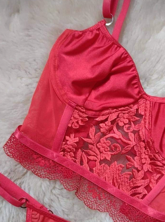 Conjunto de encaje corset corto rojo, regulable.